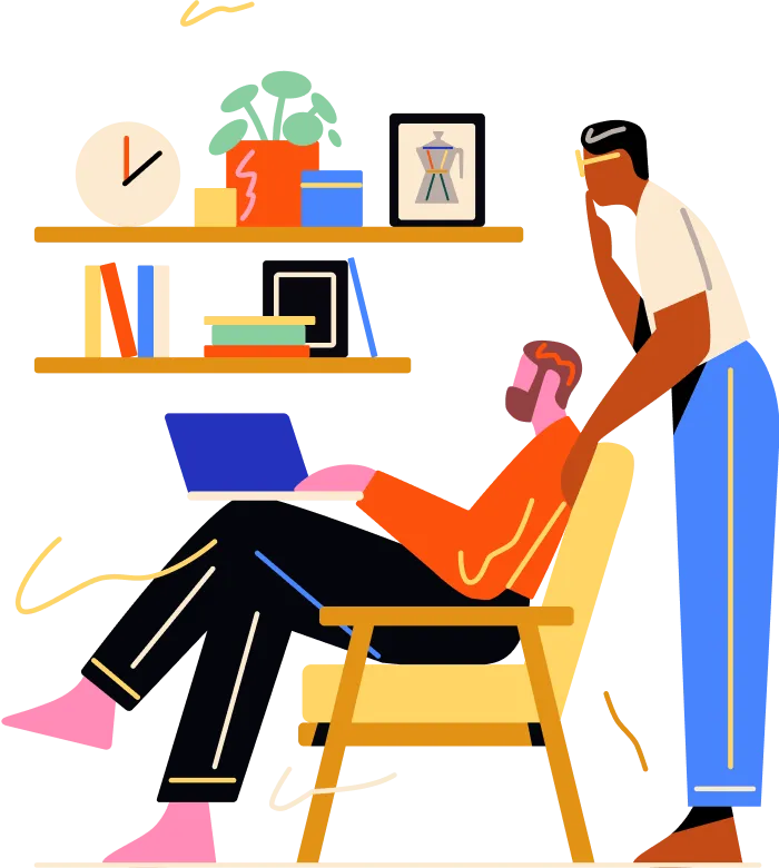 Two colleagues collaborating in a stylized home office workspace
