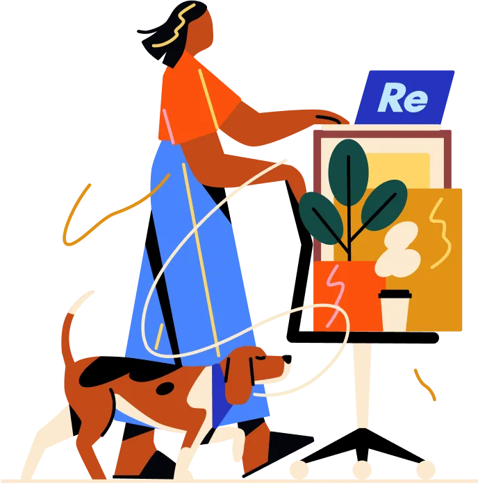 Person working from home with dog, laptop, and houseplant
