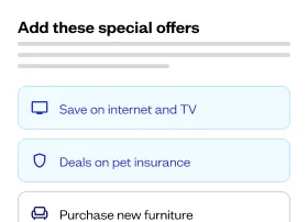 List of special offers including internet, TV, pet insurance, furniture