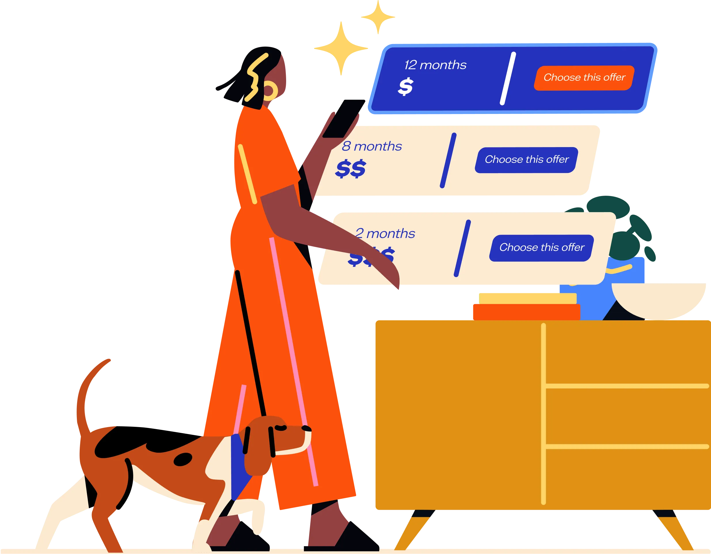 Person comparing subscription offers with dog beside yellow furniture
