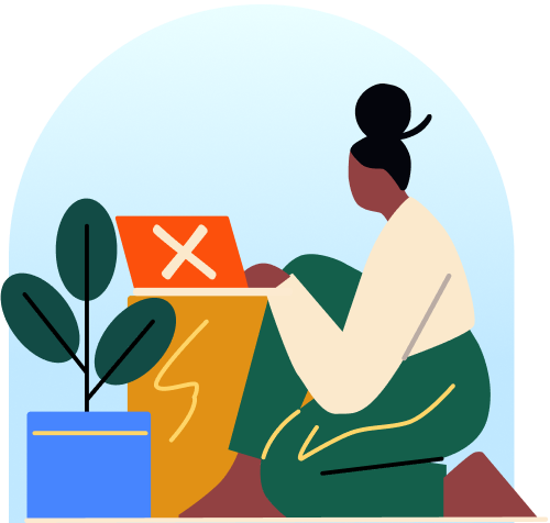 Person working on laptop with plants, geometric shapes in background