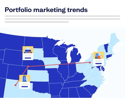 US map showing portfolio marketing trends with connected digital documents