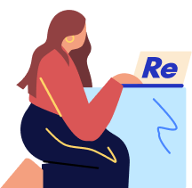 Person sitting and working on laptop with 'Re' text nearby