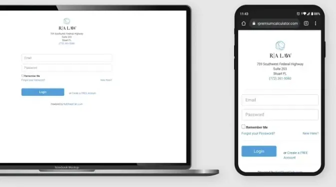 A mockup showing a login screen for a premium calculator on both a laptop and a smartphone, branded with the Rodriguez-Albizu Law logo and contact information.
