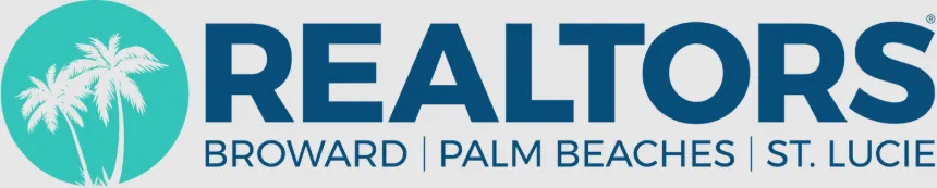 The official logo for Realtors of Broward, Palm Beaches, and St. Lucie, featuring a teal circle with white palm trees next to bold navy blue text.