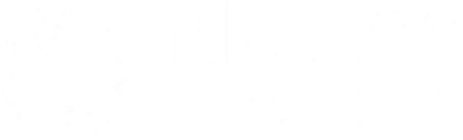 The white version of the Rodriguez-Albizu Law logo featuring a stylized blue circular icon and the firm's name and tagline.