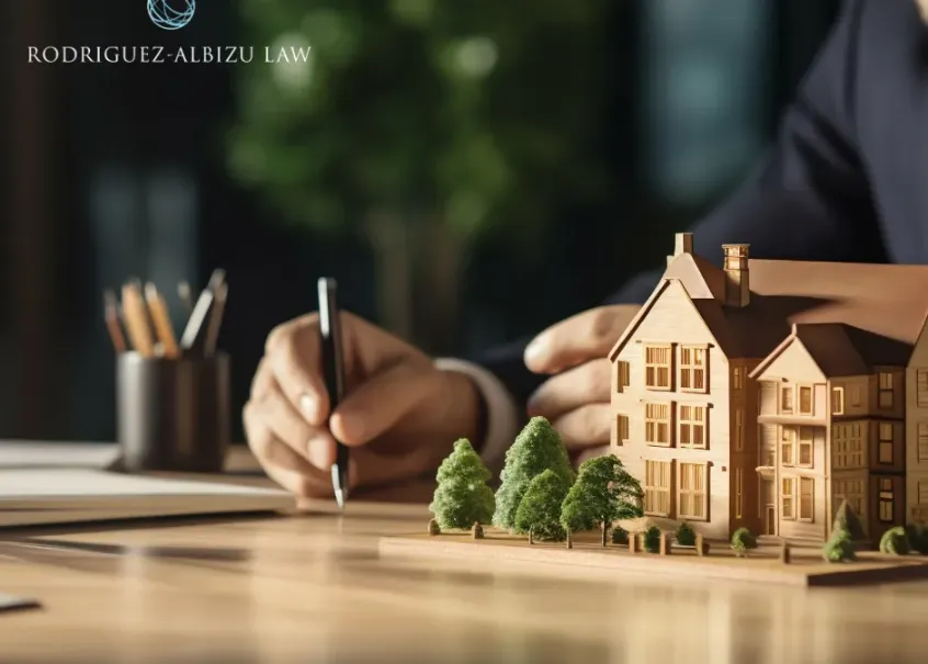 A wooden model of a large house sitting on a desk as a lawyer's hand prepares to sign documents in the background, representing real estate legal services.