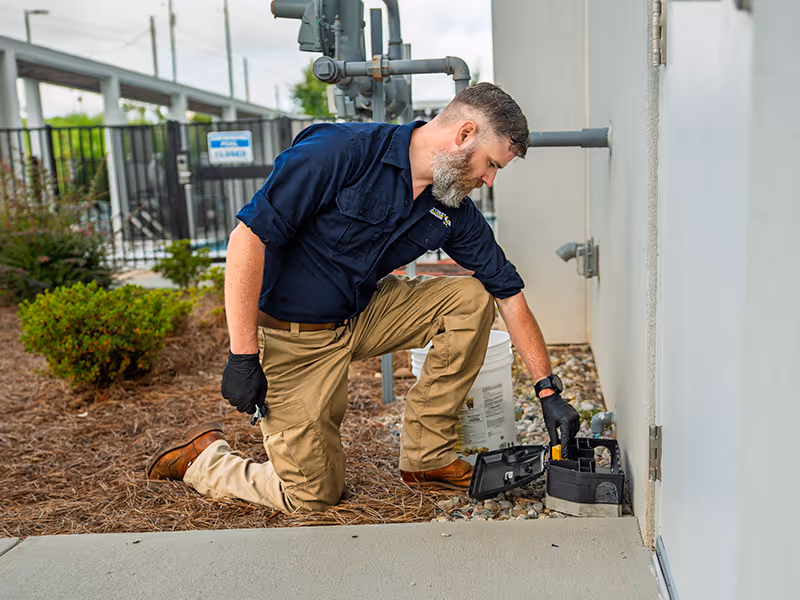 exterminator checking exterior rodent station