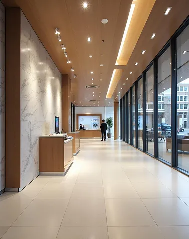 Modern financial office lobby with large floor-to-ceiling windows, wooden ceiling, and two people at a reception desk.