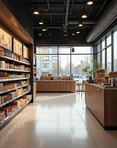 Interior of a modern convenience store with wooden shelves stocked with goods and large windows letting in natural light.