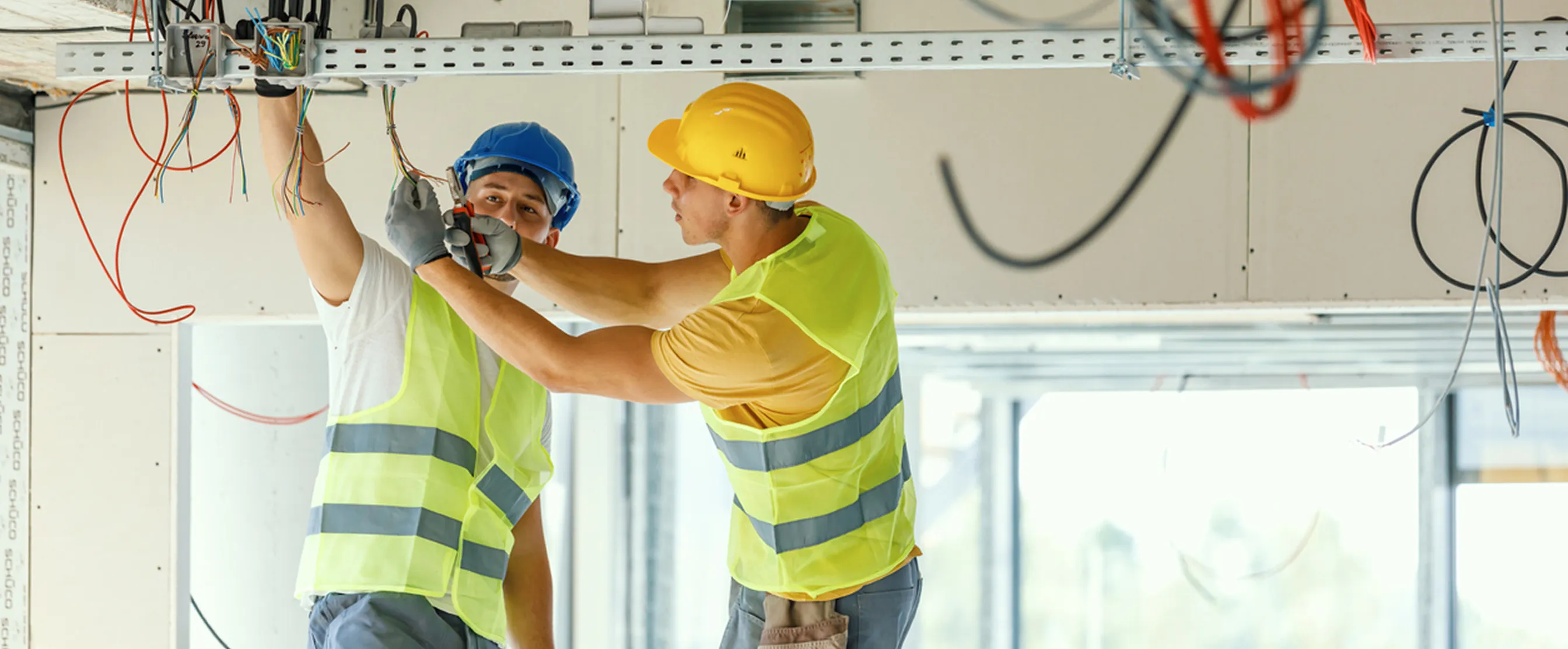 Two construction workers wearing safety helmets and reflective vests installing electrical wiring inside a building under construction.