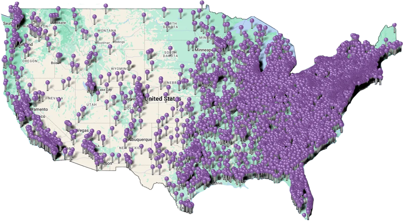 Map of the United States densely covered with purple location pins, especially concentrated in the eastern half and along the West Coast.