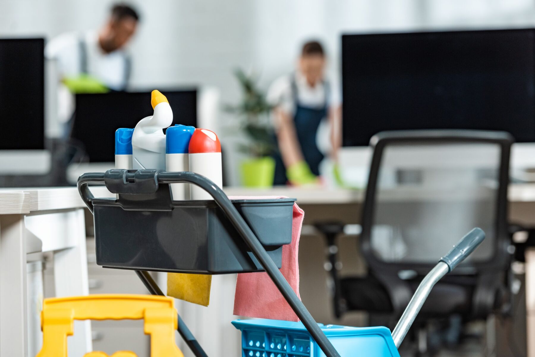 Cleaning Products and People Cleaning in the Back