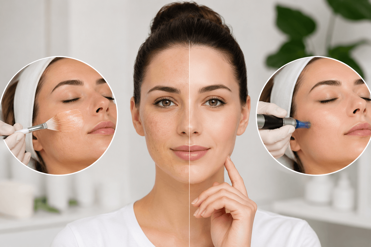 Woman comparing Chemical Peel and microneedling treatments for skin rejuvenation in Old Lyme, Connecticut