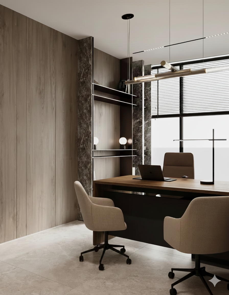 Bureau moderne avec deux fauteuils à roulettes, une table en bois, un ordinateur portable, des décorations en céramique, et une grande fenêtre avec stores.