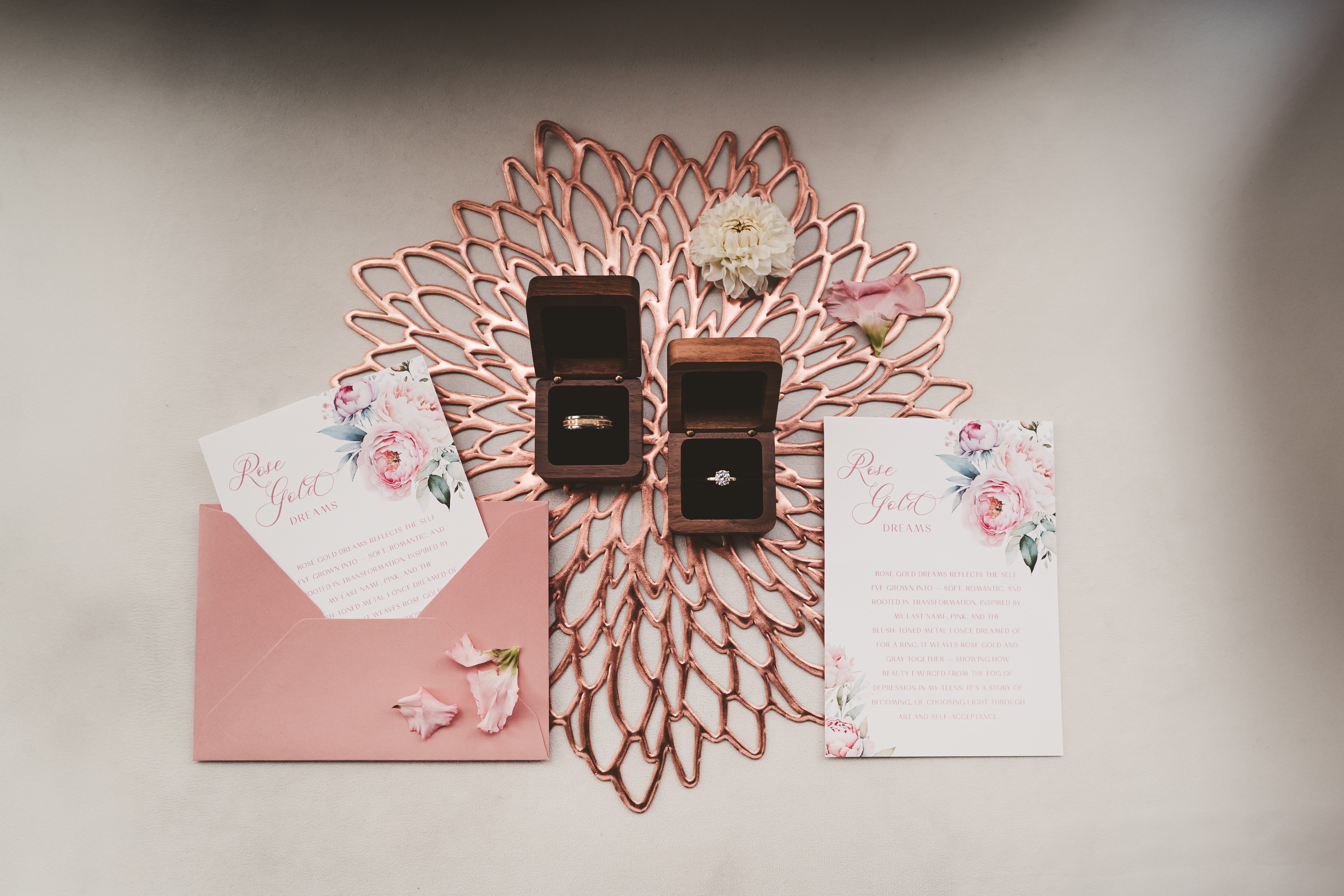 Flat lay with stationary and rings