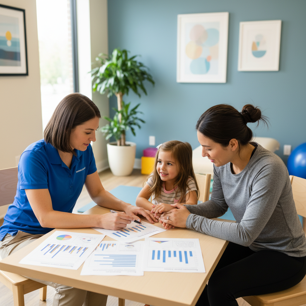 Parent and Richardson physical therapist collaborating on personalized pediatric therapy goals and developmental progress
