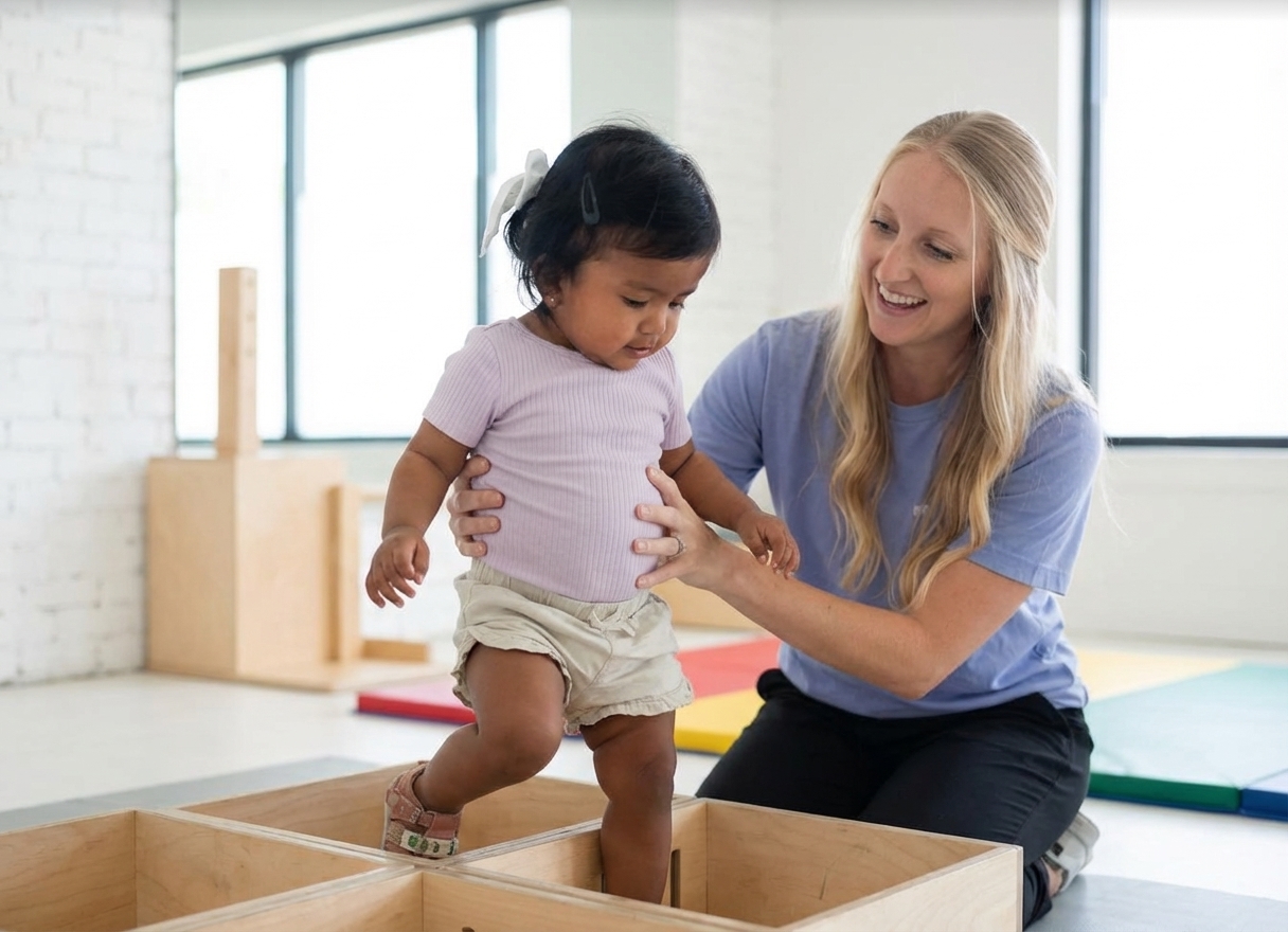 Child achieving a milestone during a pediatric DMI therapy session at an intensive therapy clinic in Richardson