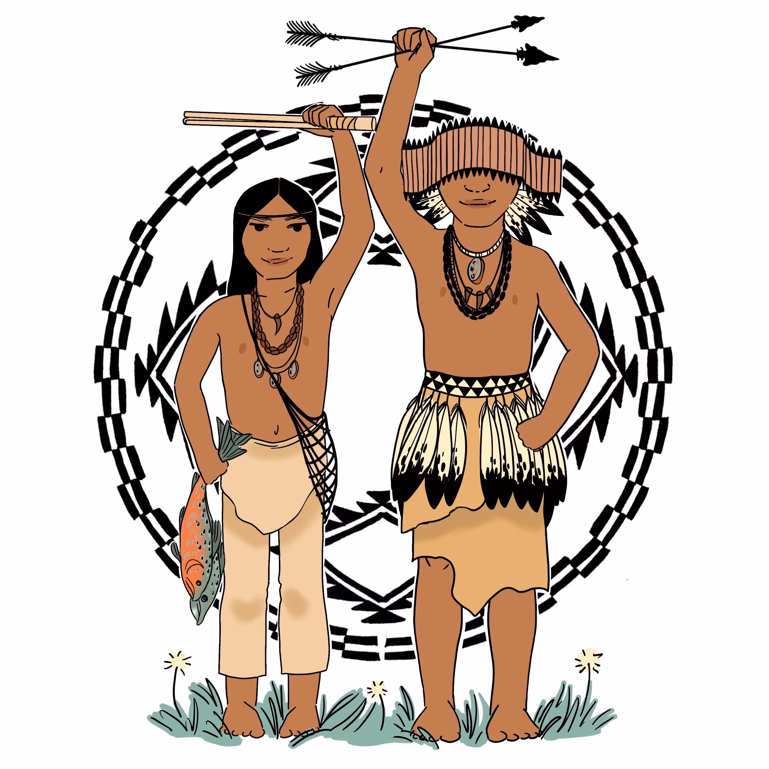 digital drawing of two Native youth in regalia. The one youth is holding a clapper stick in their left hand. The other holds two arrows pointing right in their right hand