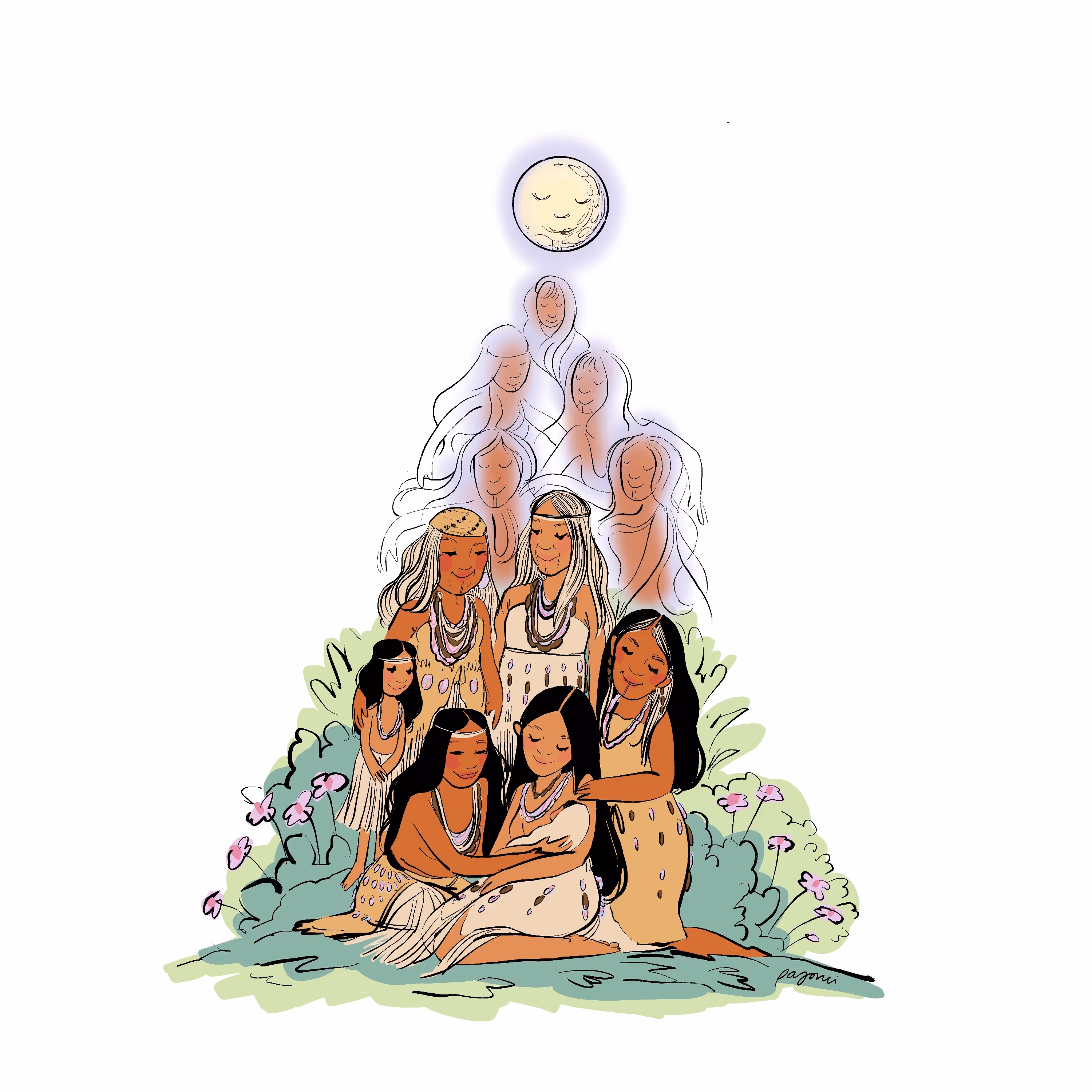 Digital drawing of multiple generations (youth, young adults, adults, elders, ancestors) around a mother holding a baby.
