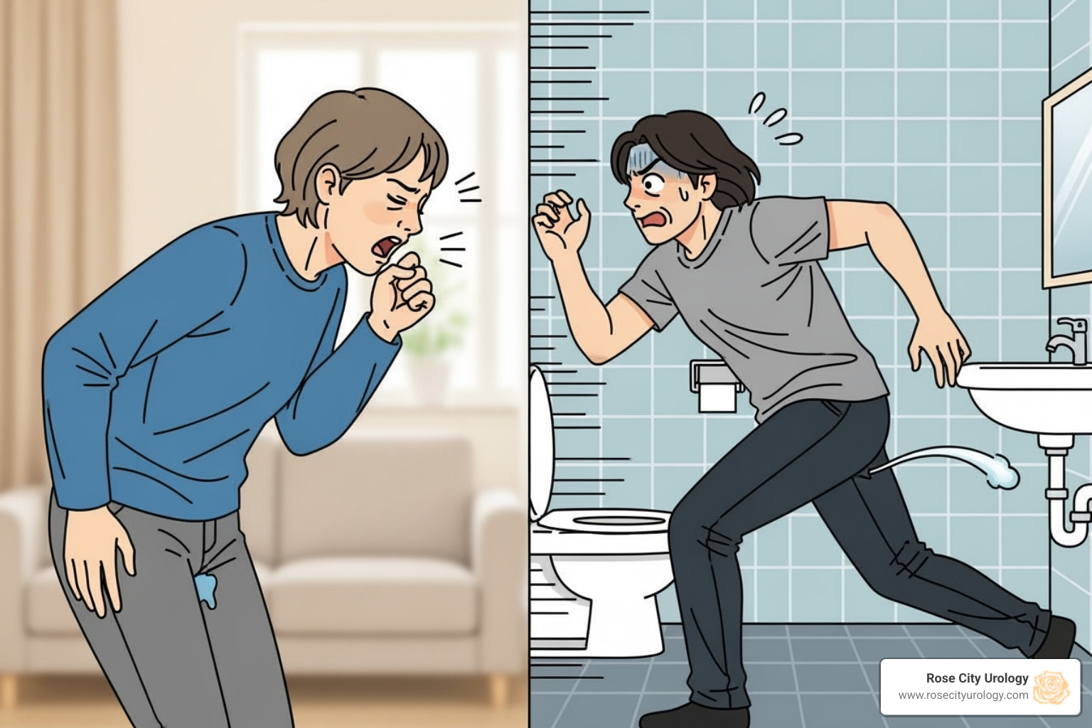 Illustration differentiating stress incontinence (leakage during physical activity) and urge incontinence (sudden, strong need to urinate) - Bladder control exercises
