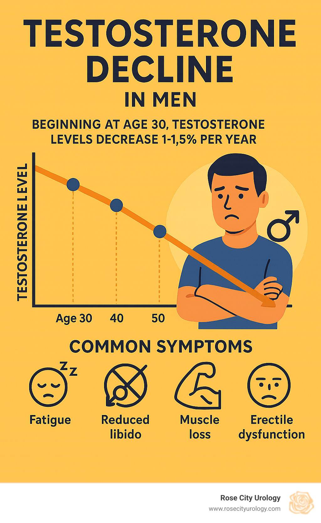 Infographic showing testosterone decline in men starting at age 30, with levels dropping 1-1.5% annually, and common symptoms appearing in 40s and 50s including fatigue, reduced libido, muscle loss, mood changes, and erectile dysfunction - HRT for men infographic 