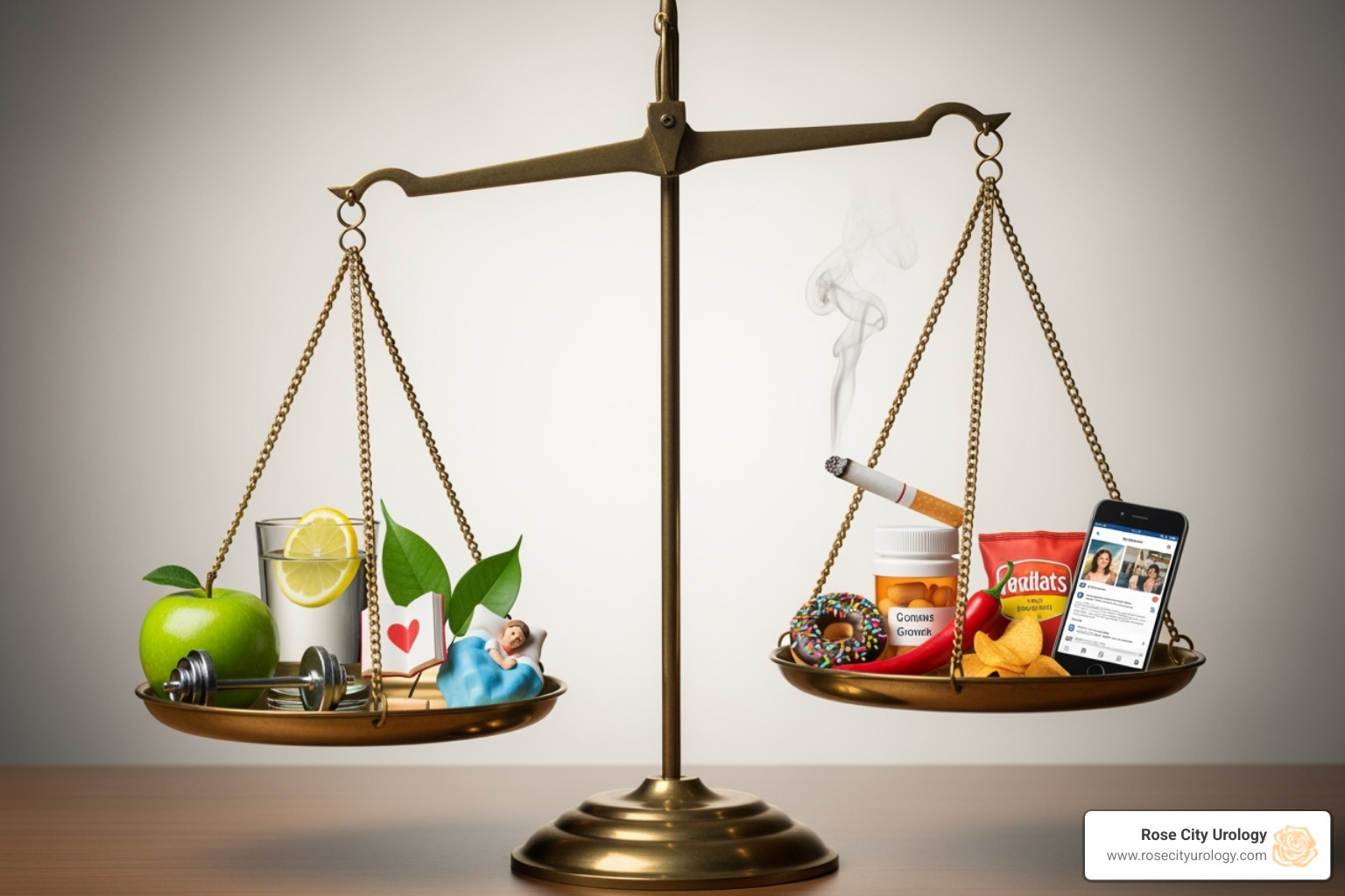 Balanced scale representing benefits vs. risks - HRT for men