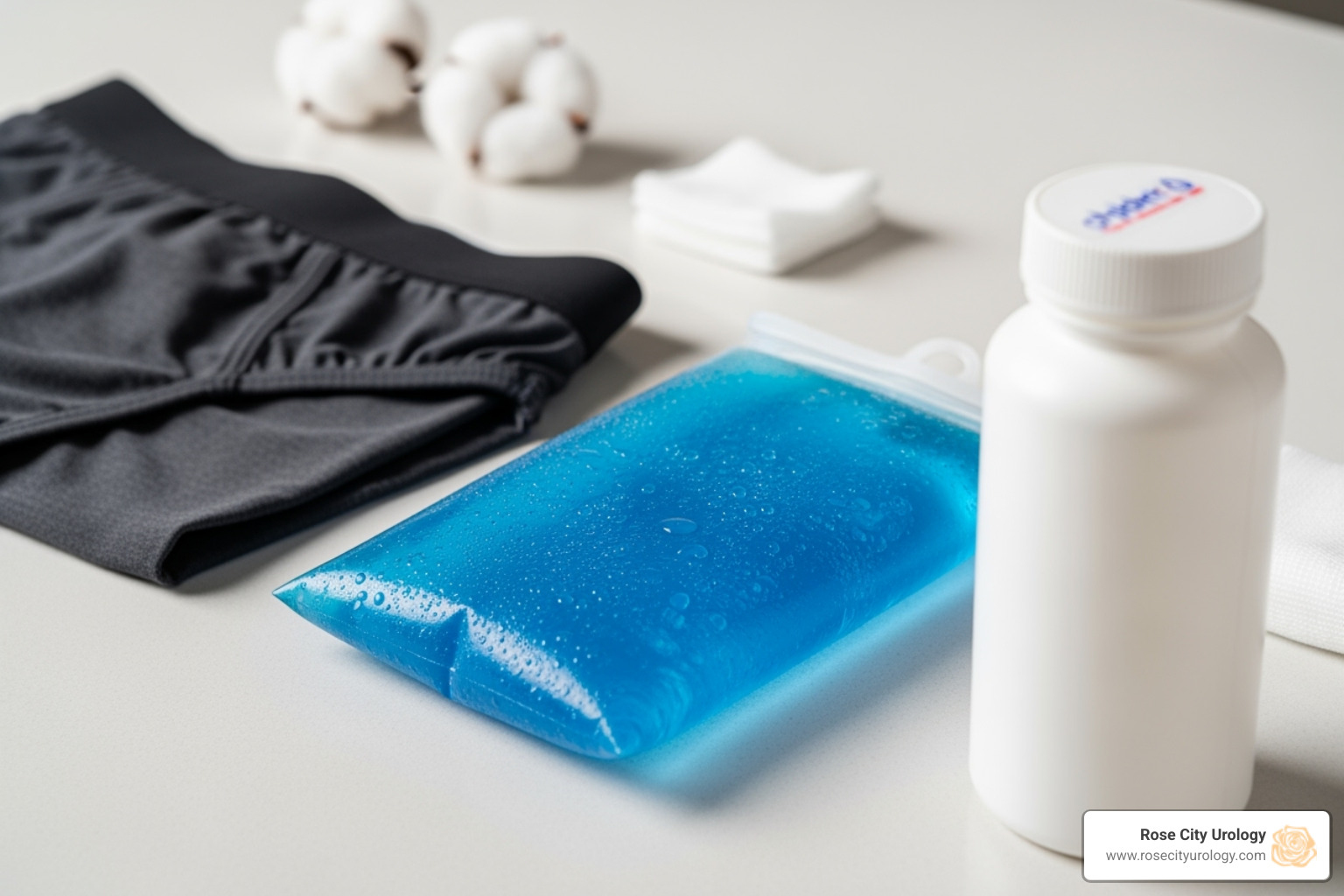 Image of post-procedure care items like an ice pack, supportive underwear, and mild pain relievers - men's vasectomy near me