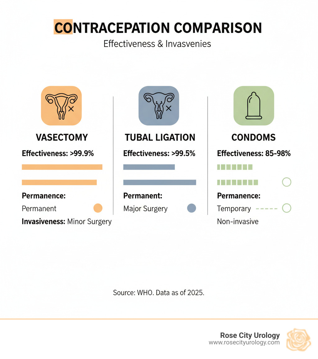 Infographic comparing the effectiveness and invasiveness of vasectomy, tubal ligation, and condoms - men's vasectomy near me infographic 