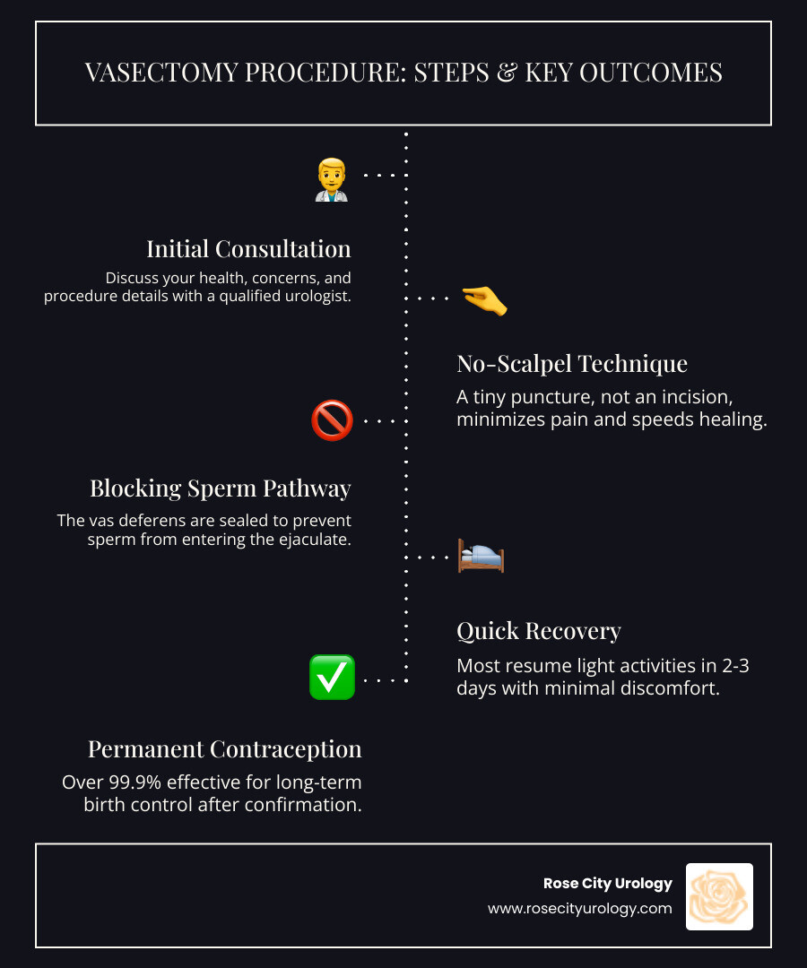 Comprehensive infographic showing vasectomy procedure steps: consultation with urologist, no-scalpel technique accessing vas deferens, blocking sperm pathway, quick recovery timeline, and 99.9% effectiveness rate for permanent male contraception - men's vasectomy near me infographic infographic-line-5-steps-dark