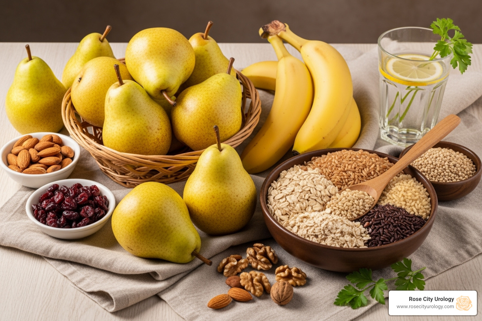 variety of bladder-friendly foods like pears, bananas, and whole grains - urinary urgency relief