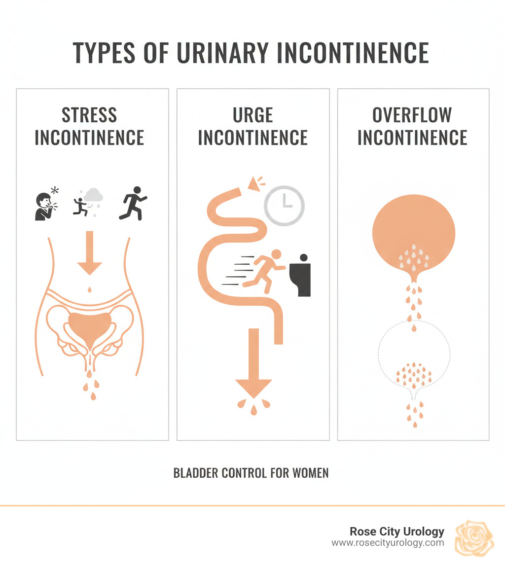 Infographic showing three types of urinary incontinence: Stress Incontinence occurs with pressure on bladder from coughing, sneezing, laughing, or exercise; Urge Incontinence involves sudden strong urge to urinate followed by leakage; Overflow Incontinence causes frequent dribbling due to incomplete bladder emptying - Bladder control for women infographic 