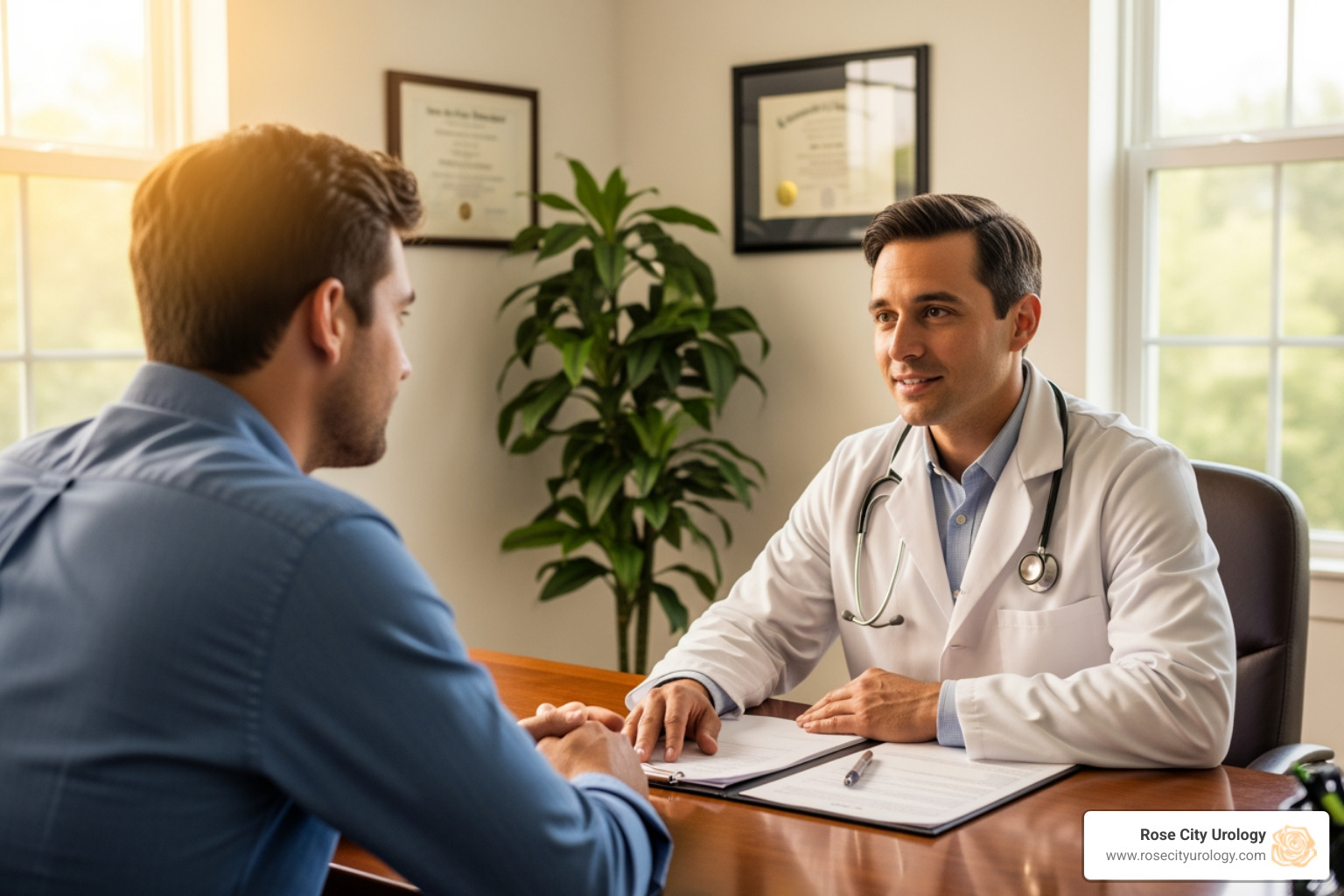 compassionate doctor consulting with a male patient - urologist for ED