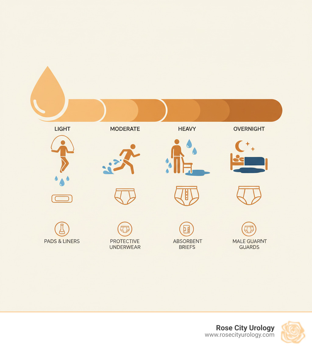 infographic showing incontinence severity levels from light drops during exercise to heavy overnight leakage, with recommended product types for each level - Bladder control products infographic 