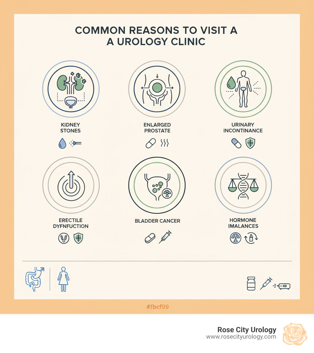 Infographic showing common reasons to visit a urology clinic: kidney stones affecting urinary tract, enlarged prostate causing difficulty urinating, urinary incontinence impacting quality of life, erectile dysfunction requiring specialized treatment, bladder cancer needing oncology care, and hormone imbalances requiring replacement therapy - with icons showing male and female urinary systems and key treatment options available - urology clinics near me infographic 