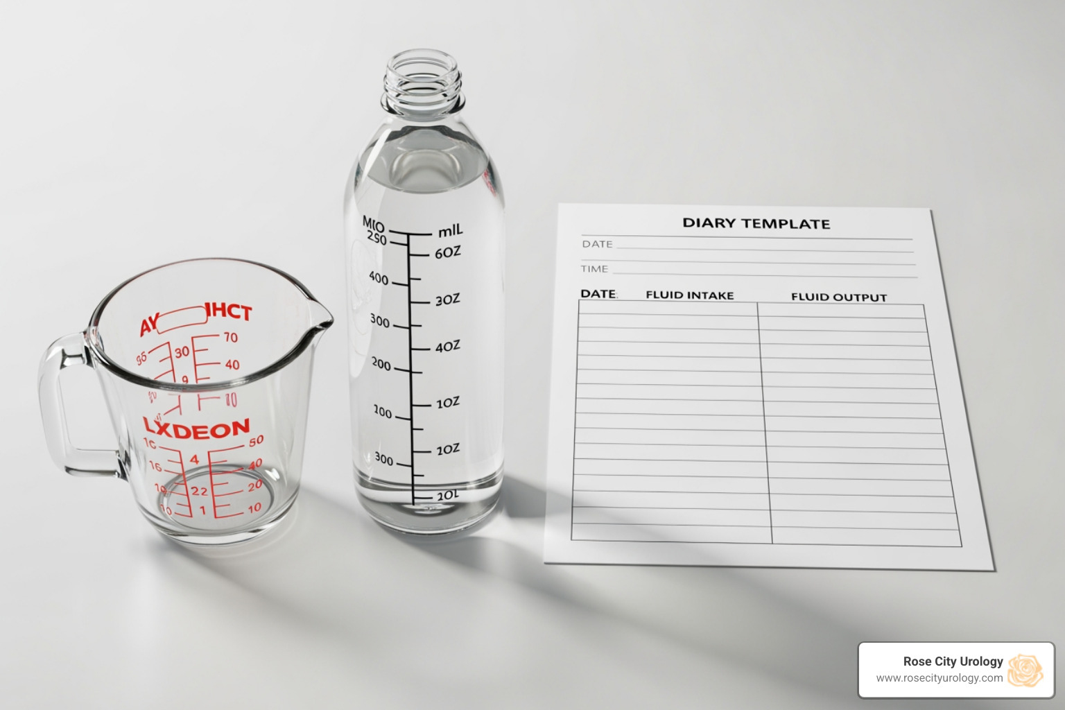 Tools for a bladder diary including a measuring cup, a water bottle with measurements, and a diary template - Bladder diary instructions