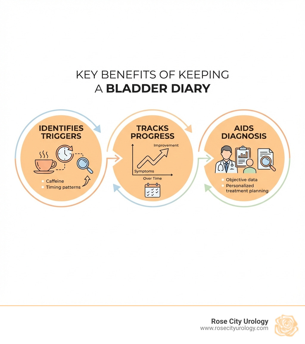 Infographic showing the three key benefits of keeping a bladder diary: Identifies Triggers such as caffeine or timing patterns, Tracks Progress of symptoms over time to measure improvement, and Aids Diagnosis by providing doctors with objective data for accurate assessment and personalized treatment planning - Bladder diary instructions infographic 
