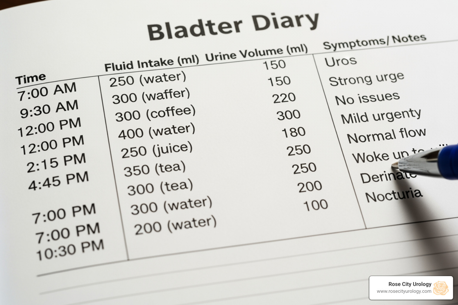 Sample filled-out bladder diary page - Bladder diary instructions