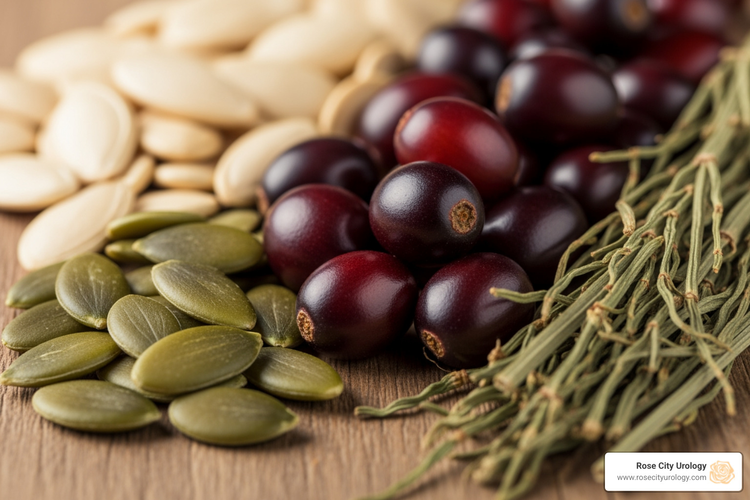 various bladder health supplement ingredients like pumpkin seeds, saw palmetto berries, and horsetail leaves - Bladder health supplements