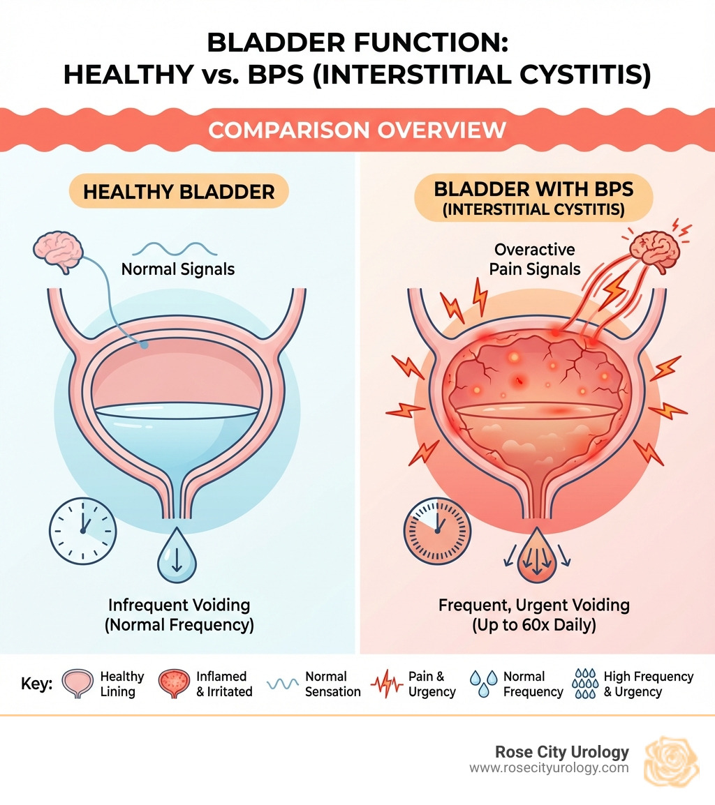infographic comparing healthy bladder function versus bladder with BPS showing inflammation, pain signals, and urinary frequency differences - Bladder pain syndrome infographic 