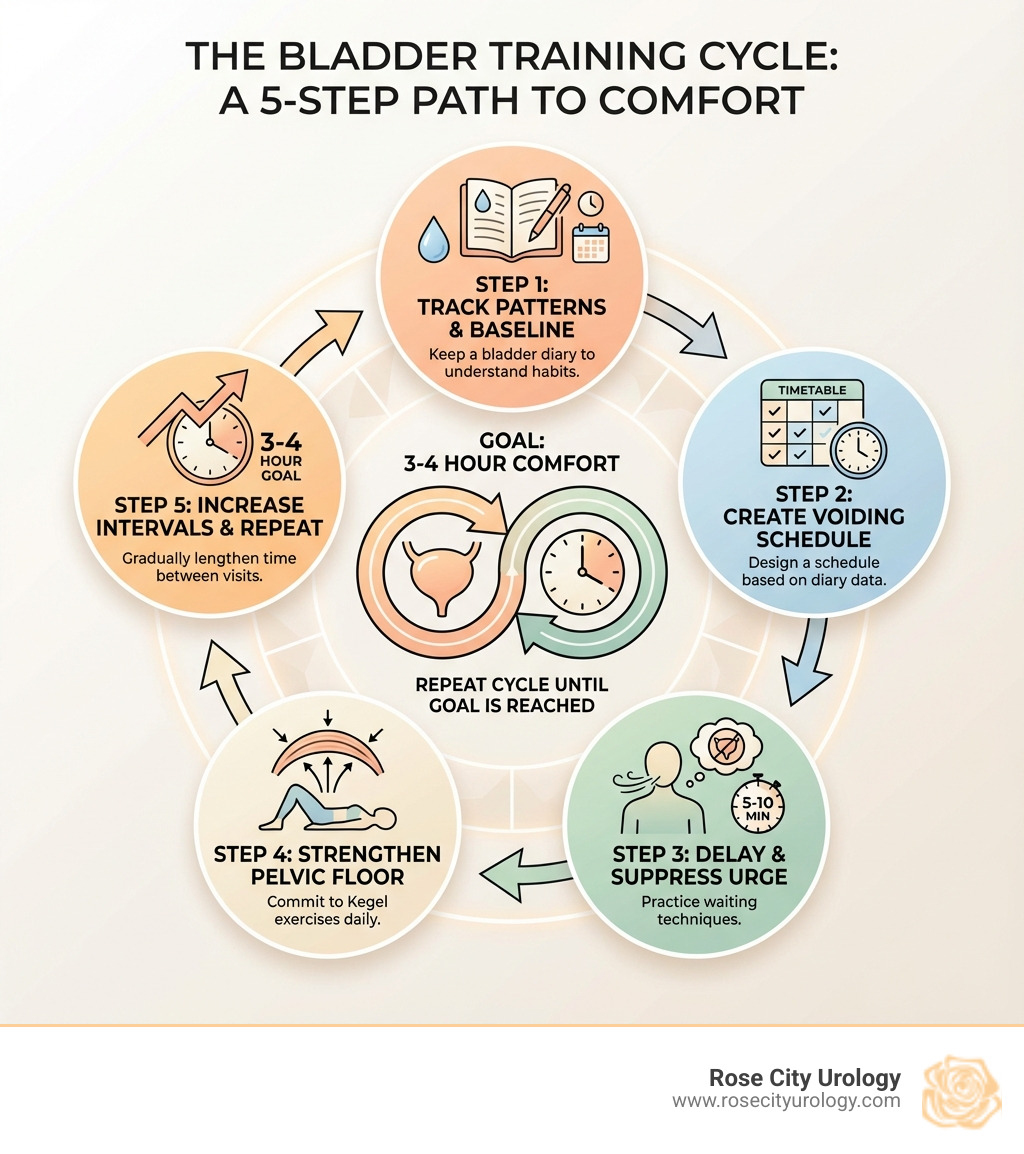 Infographic showing the bladder training cycle: Step 1 - Keep a bladder diary to track patterns and establish baseline; Step 2 - Create a voiding schedule based on your diary data; Step 3 - Practice delaying urination and use urge suppression techniques; Step 4 - Strengthen pelvic floor muscles with Kegel exercises; Step 5 - Gradually increase intervals and repeat the cycle until reaching 3-4 hour comfort - Bladder training techniques infographic 
