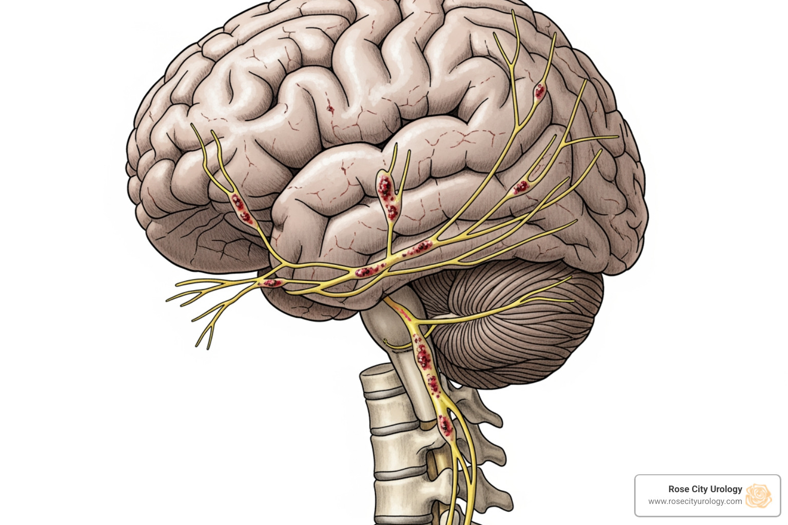 MS lesions on brain and spinal cord - Multiple sclerosis bladder