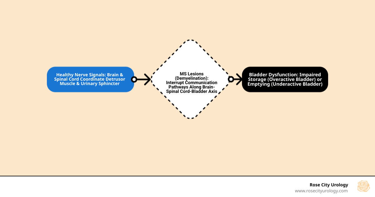 Infographic showing how MS lesions in the brain and spinal cord disrupt nerve pathways to the bladder, illustrating the detrusor muscle, urinary sphincter, and the breakdown in coordination between storage and emptying phases of urination - Multiple sclerosis bladder infographic flowmap_simple