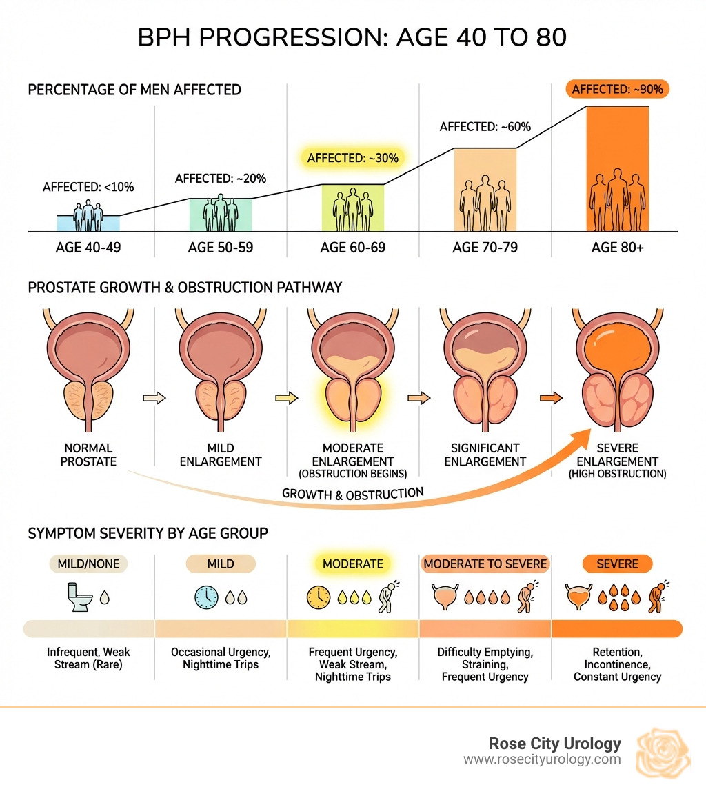 infographic showing the progression of BPH from age 40 to 80, including statistics on prostate growth, symptom severity by age group, percentage of men affected at different ages, and the pathway from normal prostate size to enlarged prostate causing urinary obstruction - enlarged prostate treatment infographic 