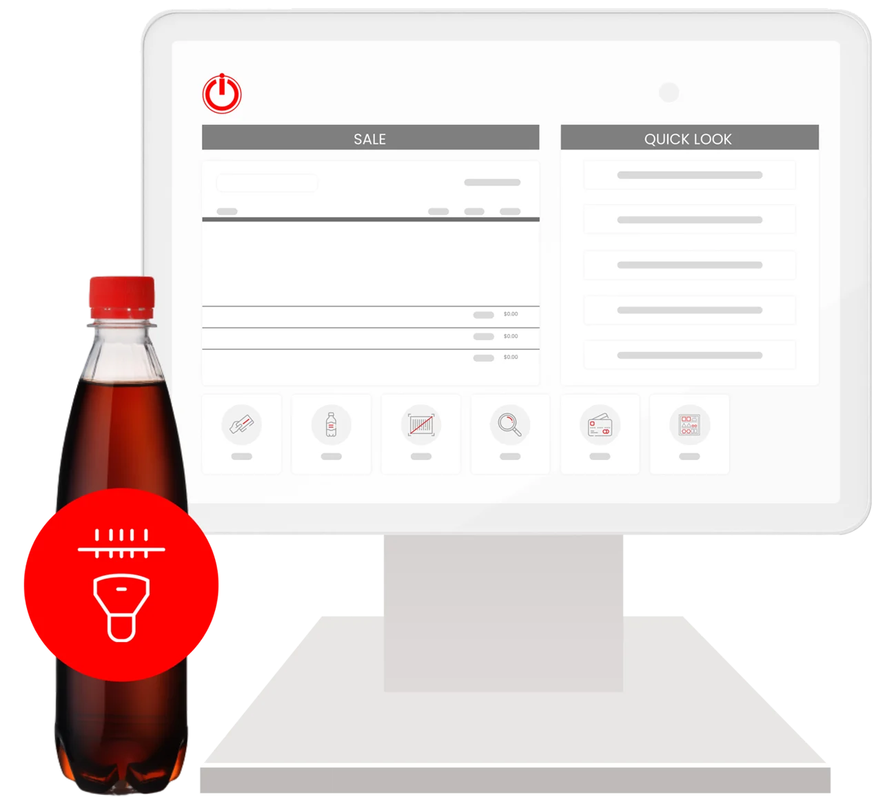 Illustration of the ImpulsePoint retail management interface with a beverage bottle barcode scanning—scan-to-sell checkout workflow.