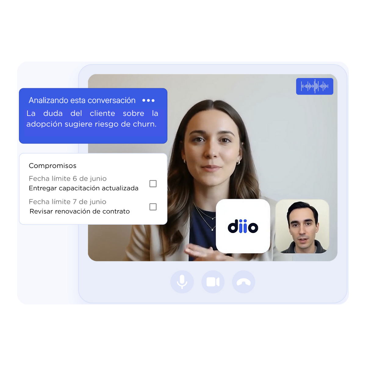 diio se une a tus llamadas, analiza la informacion, y sincroniza toda la informacion relevante en tu CRM incluyendo tus compromisos con el cliente