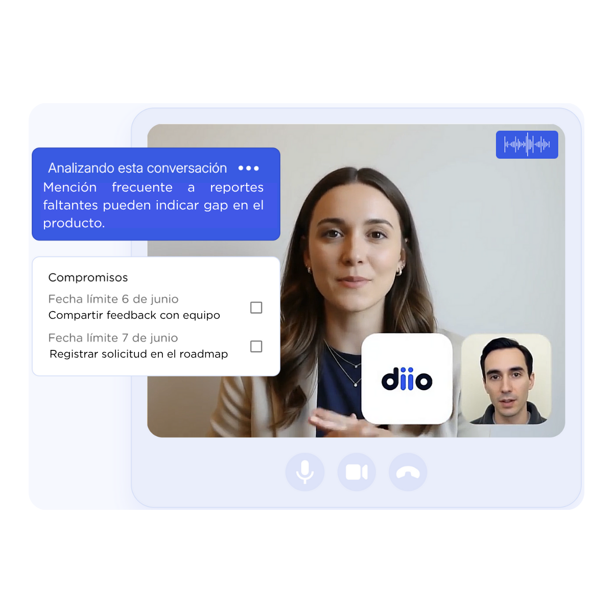 diio se une a tus llamadas, analiza la informacion, y sincroniza toda la informacion relevante en tu CRM incluyendo tus compromisos con el cliente