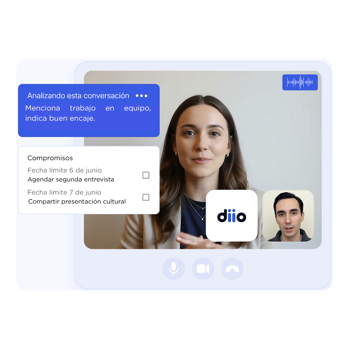 diio se une a tus llamadas, analiza la informacion, y sincroniza toda la informacion relevante en tu CRM incluyendo tus compromisos con el cliente