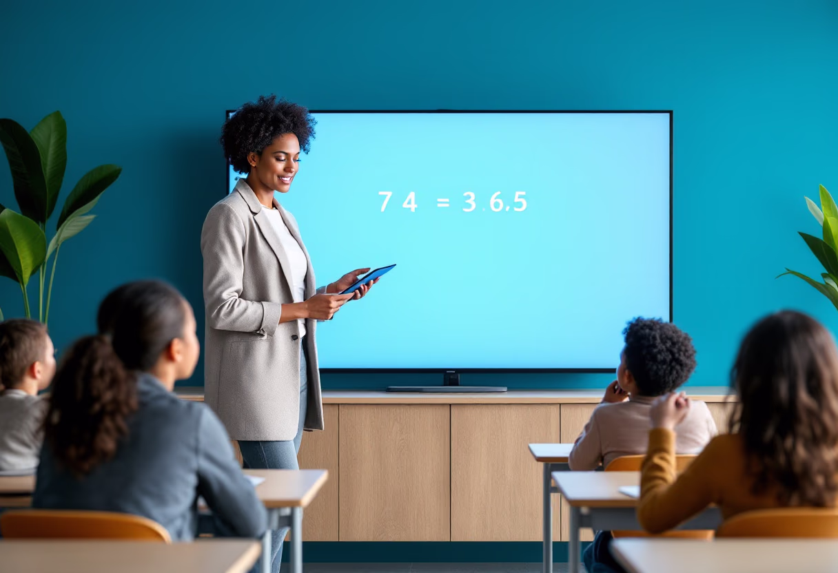 image of a teacher interacting with students using digital tools (for edtech)