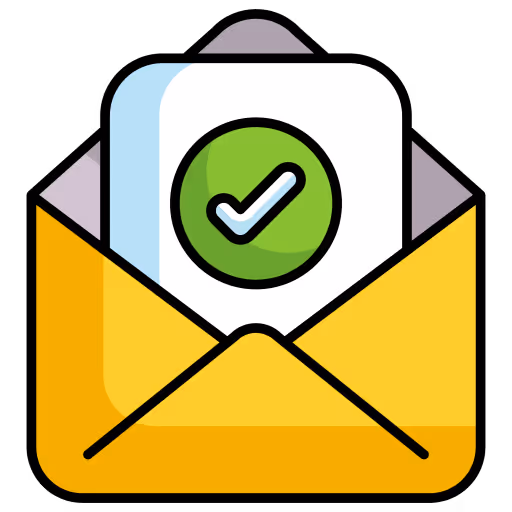 Yellow open envelope with a paper showing a green checkmark inside.